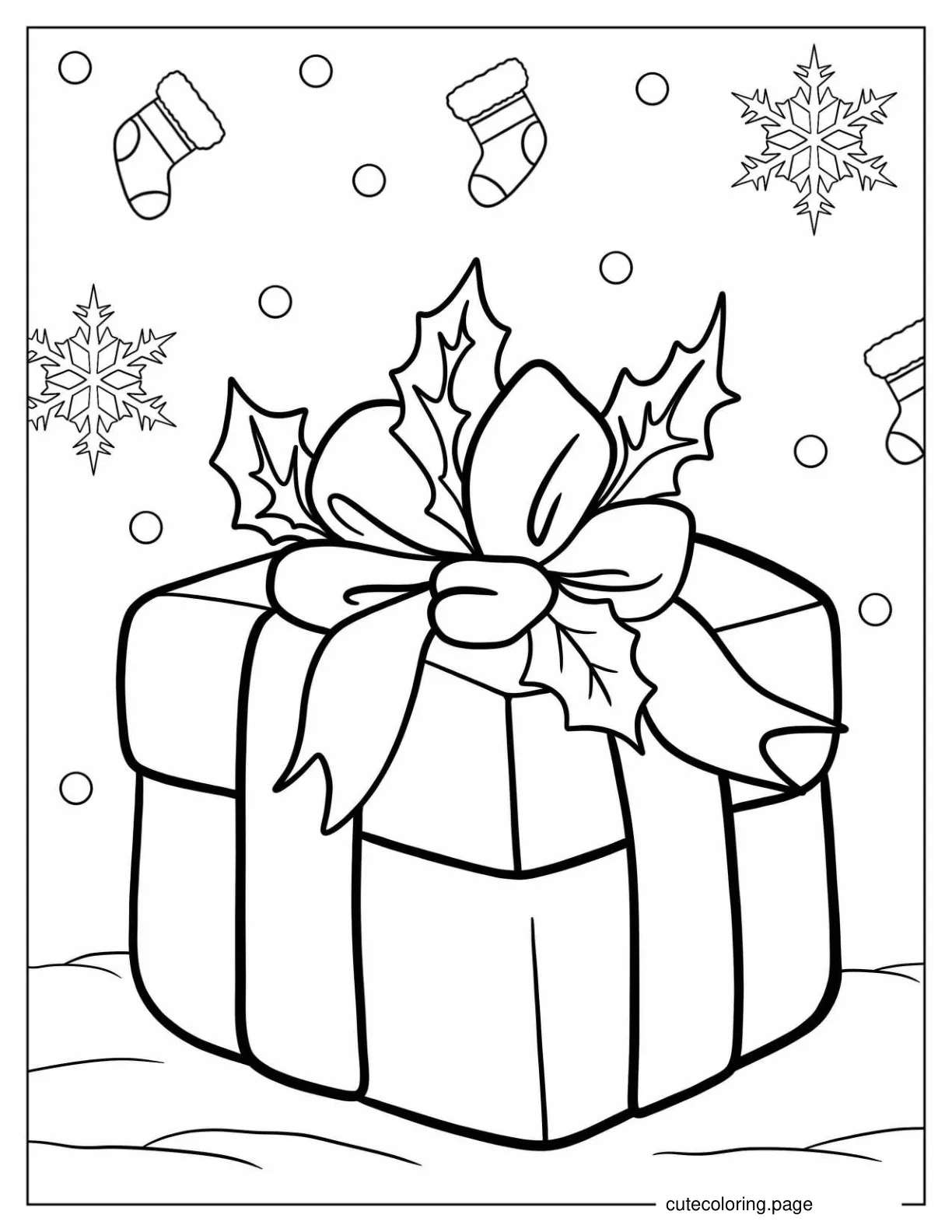 Christmas Present With Bow And Mistletoe coloring page