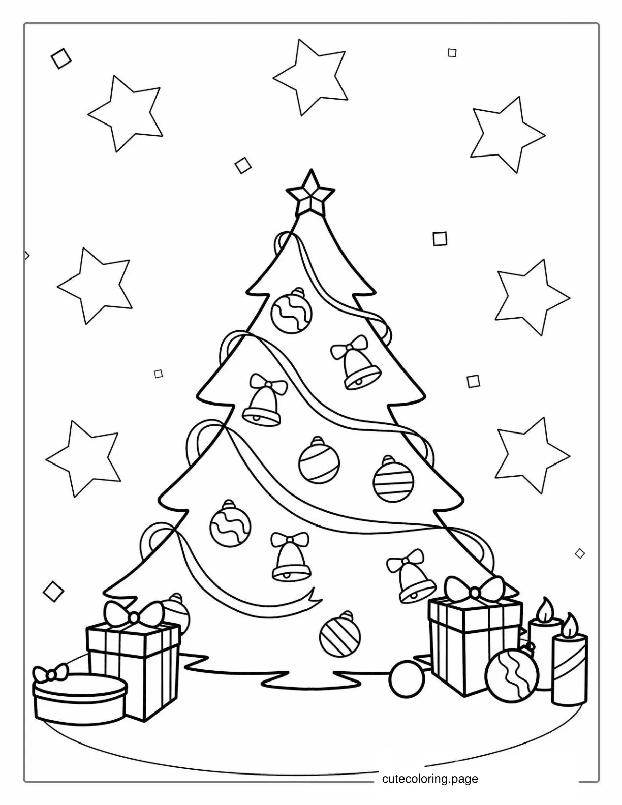 Coloring Page Of Christmas Tree With Bells And Presents coloring page