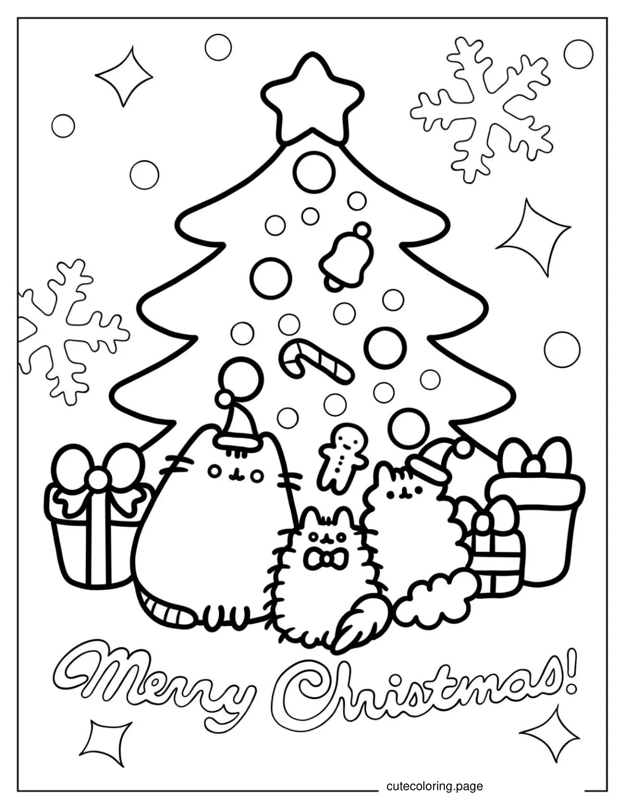 Cute Pusheen In Front Of Christmas Tree Coloring In coloring page