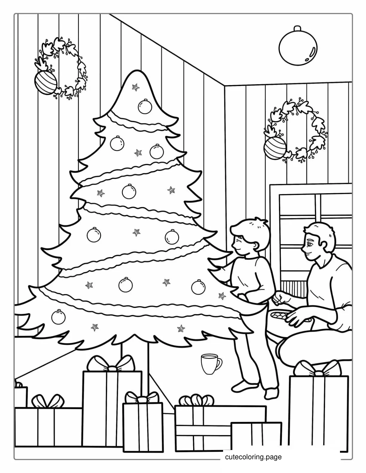 Father And Son Decorating Christmas Tree Coloring In coloring page
