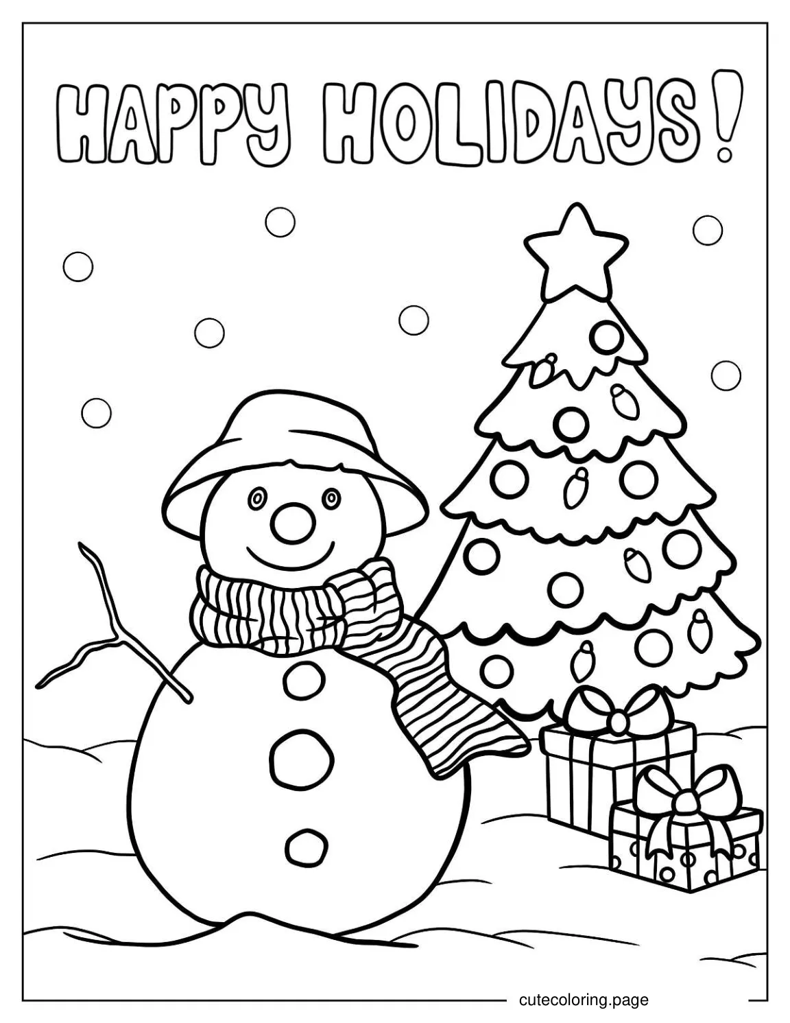 Happy Holidays Snowman And Christmas Tree coloring page