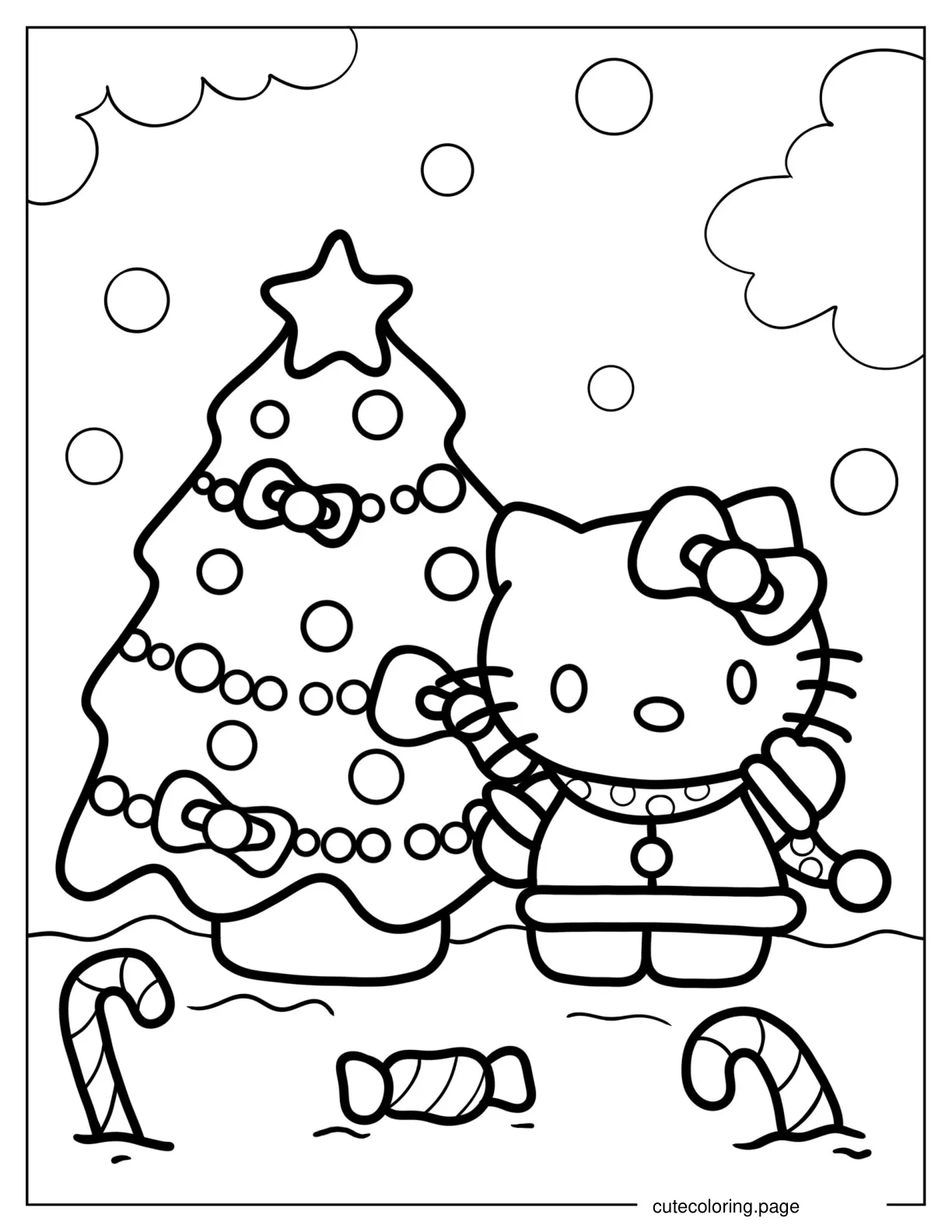 Kawaii Hello Kitty Decorating Christmas Tree Coloring In coloring page