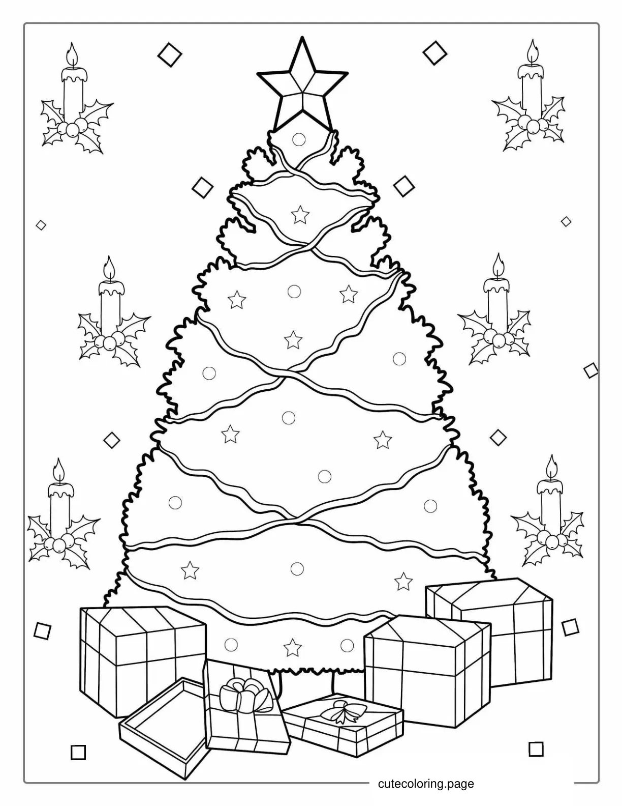 Realistic Christmas Tree Outline With Presents coloring page