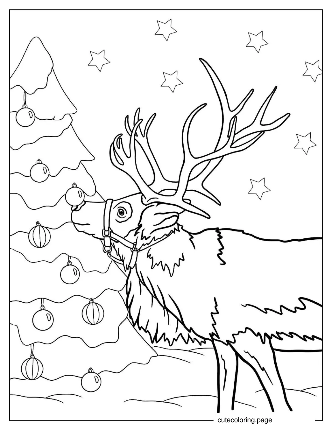 Reindeer Sniffing Christmas Tree coloring page