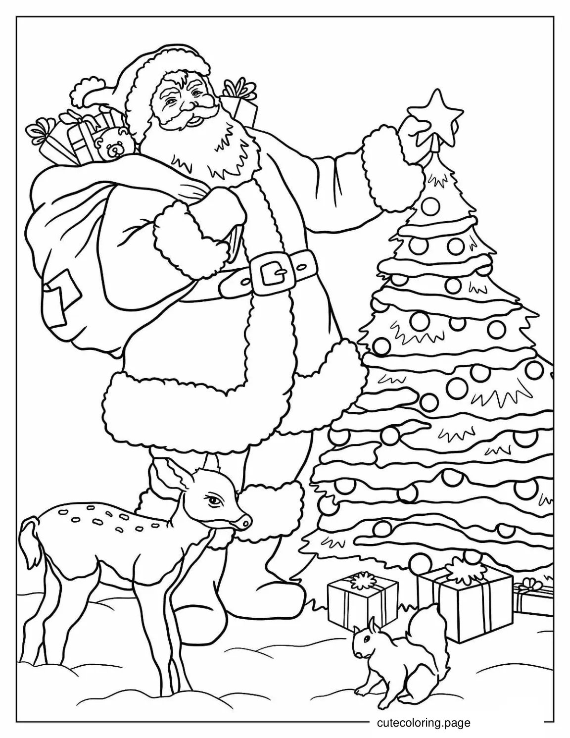 Santa Claus Beside Christmas Tree Coloring In coloring page