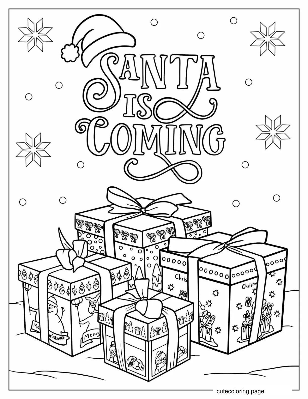 Santa Is Coming Words Above Christmas Presents coloring page