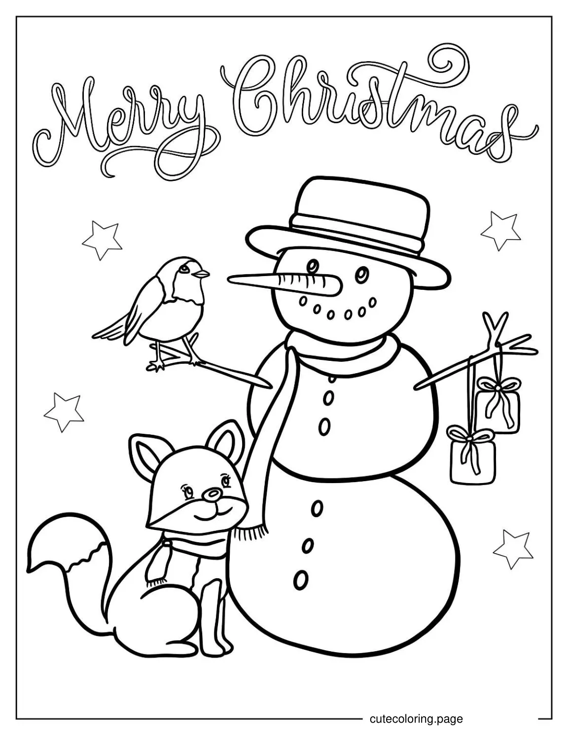 Snowman With Bird And Fox Christmas Coloring Sheet coloring page