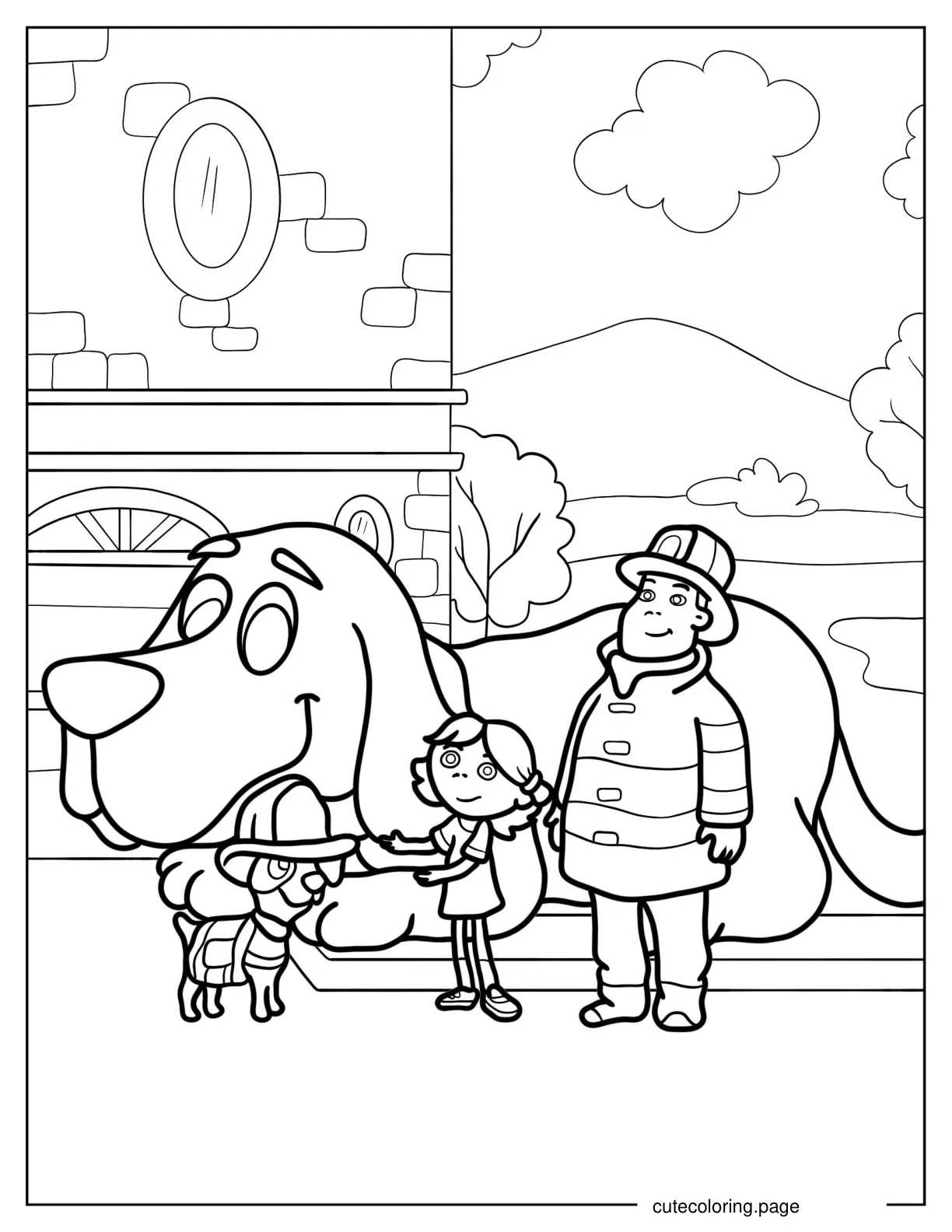 Coloring Sheet Of Clifford And Elizabeth With Fireman coloring page