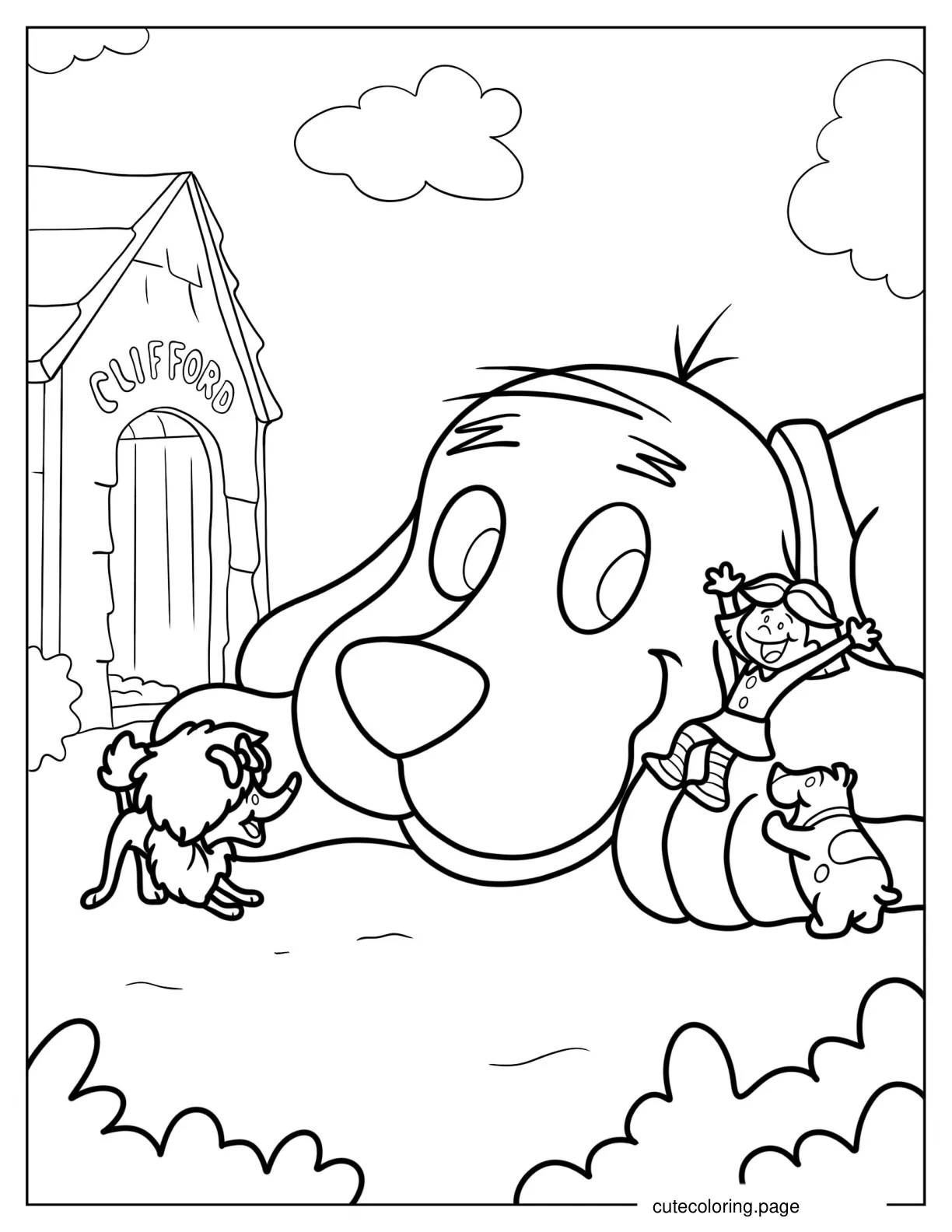 Coloring Sheet Of Clifford And Friends In Front Of Dog House coloring page