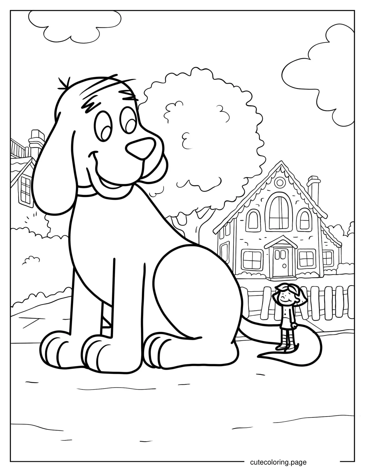 Coloring Sheet Of Clifford With Lizzy In Front Of House coloring page