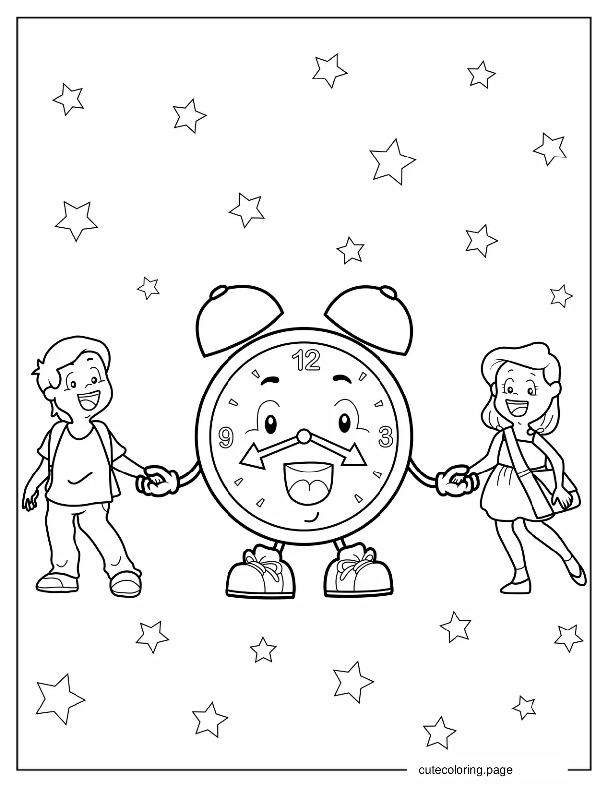 Two Children Holding Hands With a Clock coloring page