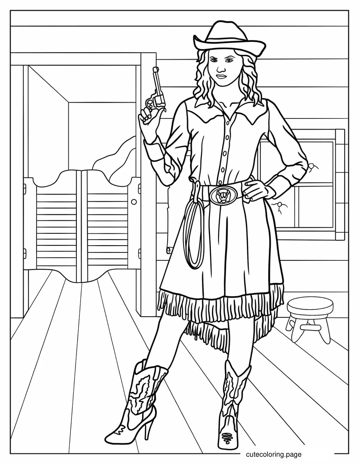 Coloring Sheet Of Female Cowboy In Saloon coloring page