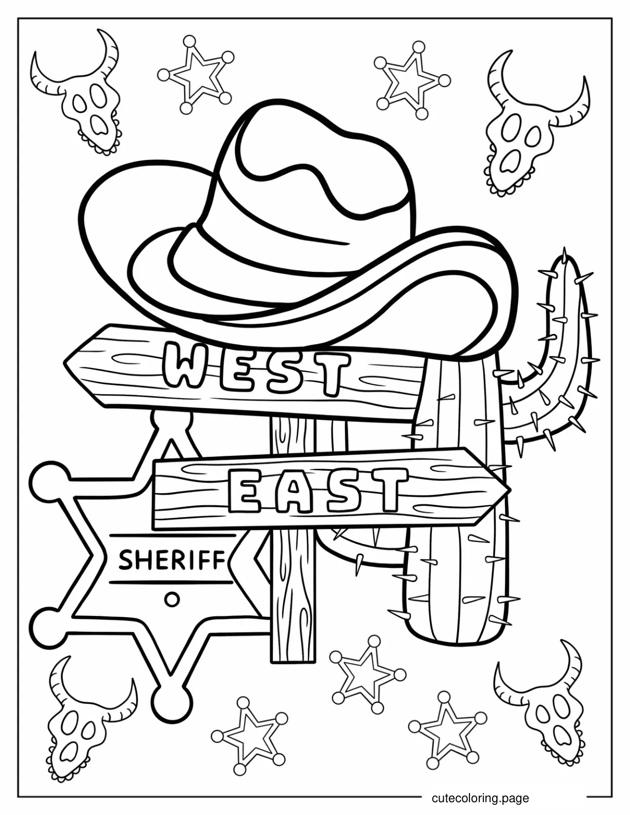 Cowboy Hat Old Signage And Cactus Coloring In coloring page