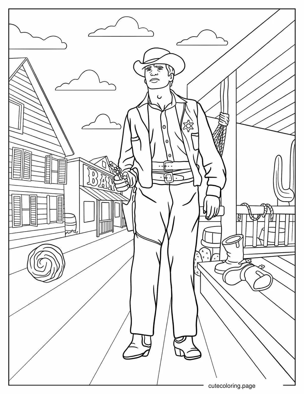 Cowboy Holding Gun In Old West Town coloring page