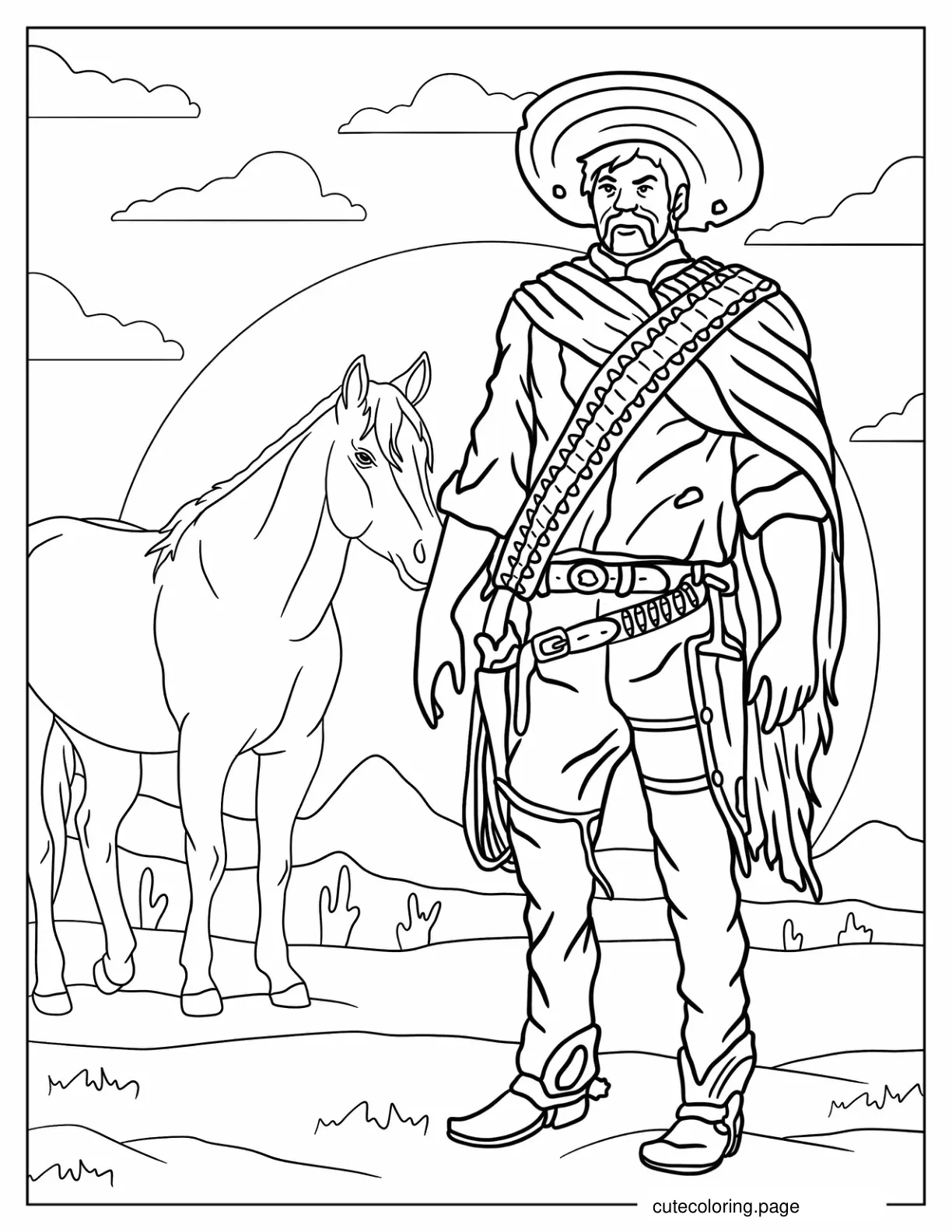 Cowboy With Guns Standing In Front Of Horse coloring page