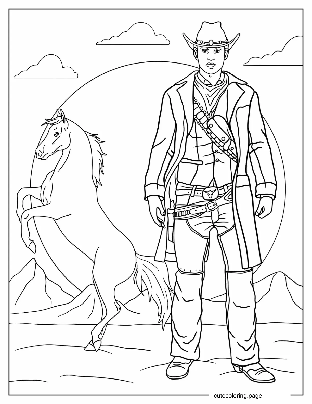 Detailed Cowboy And Horse In Desert Coloring In coloring page