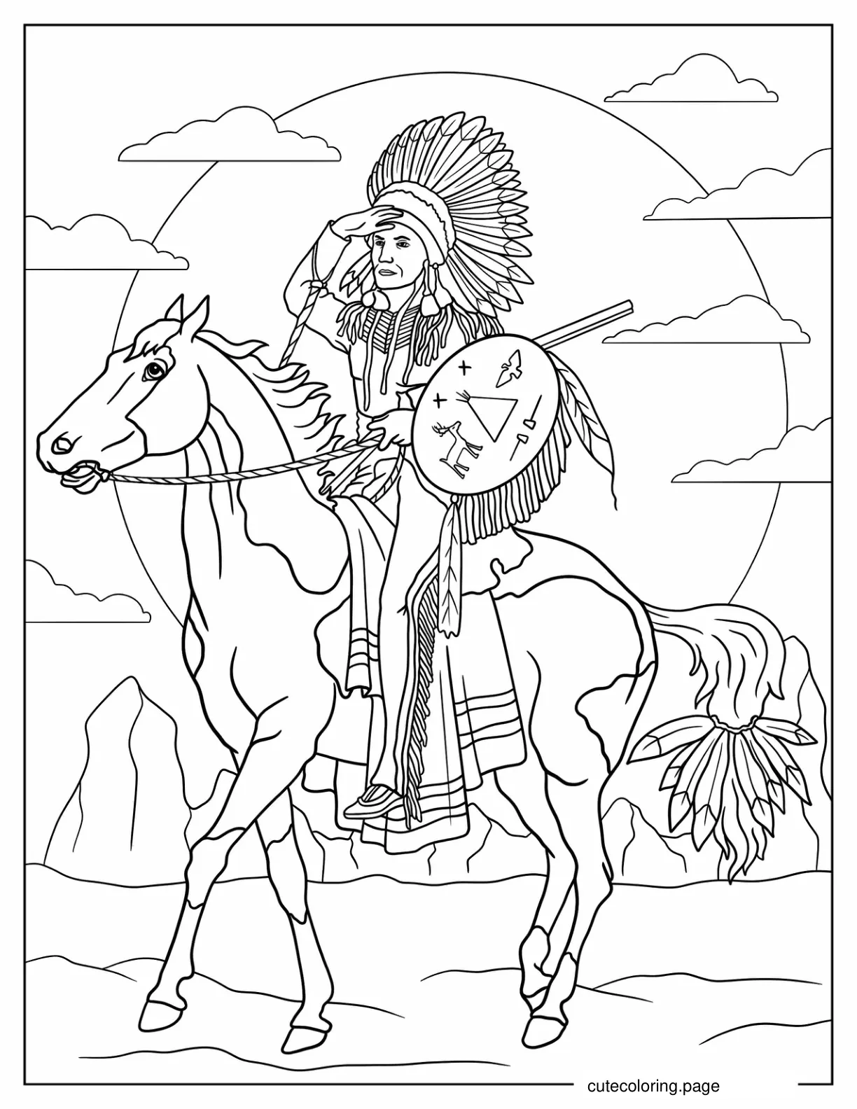 Native American Riding Horse In The Desert coloring page