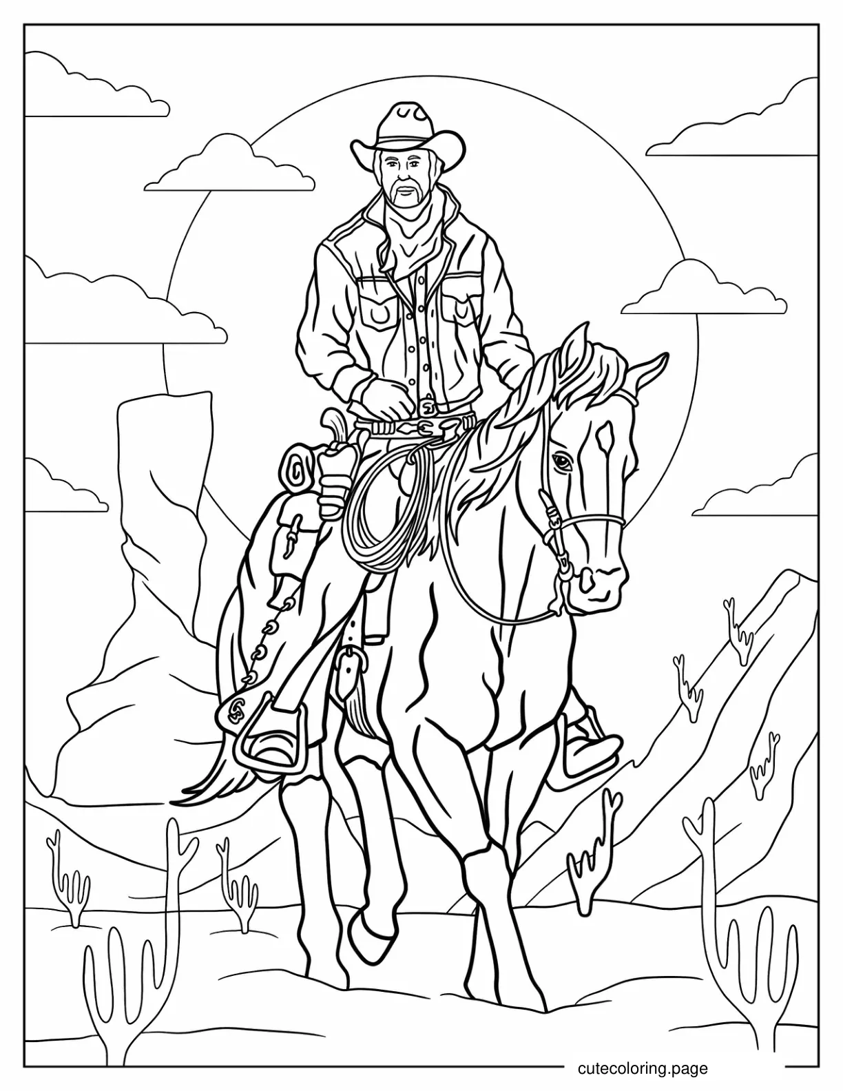 Realistic Cowboy On A Horse Coloring Page coloring page