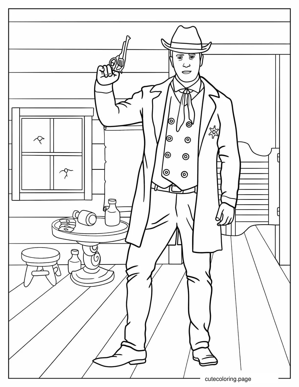 Realistic Cowboy With Gun In Saloon Coloring Page coloring page