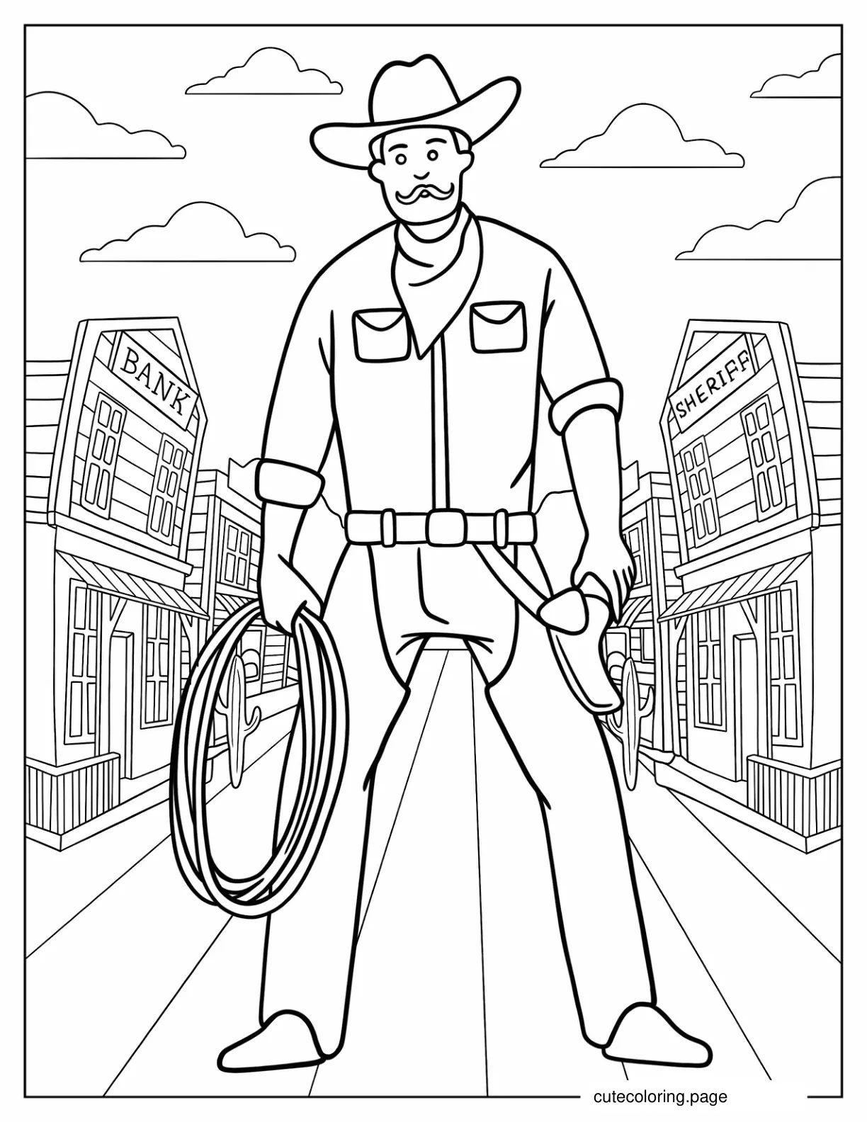 Simple Cowboy Holding Lasso And Gun Coloring In coloring page