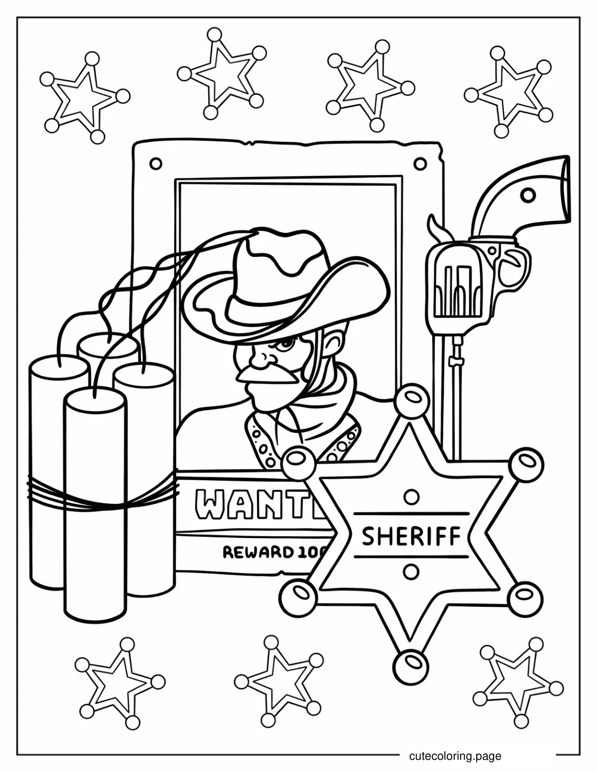 Wanted Poster Sheriff_s Badge Gun And Dynamite Coloring Sheet coloring page