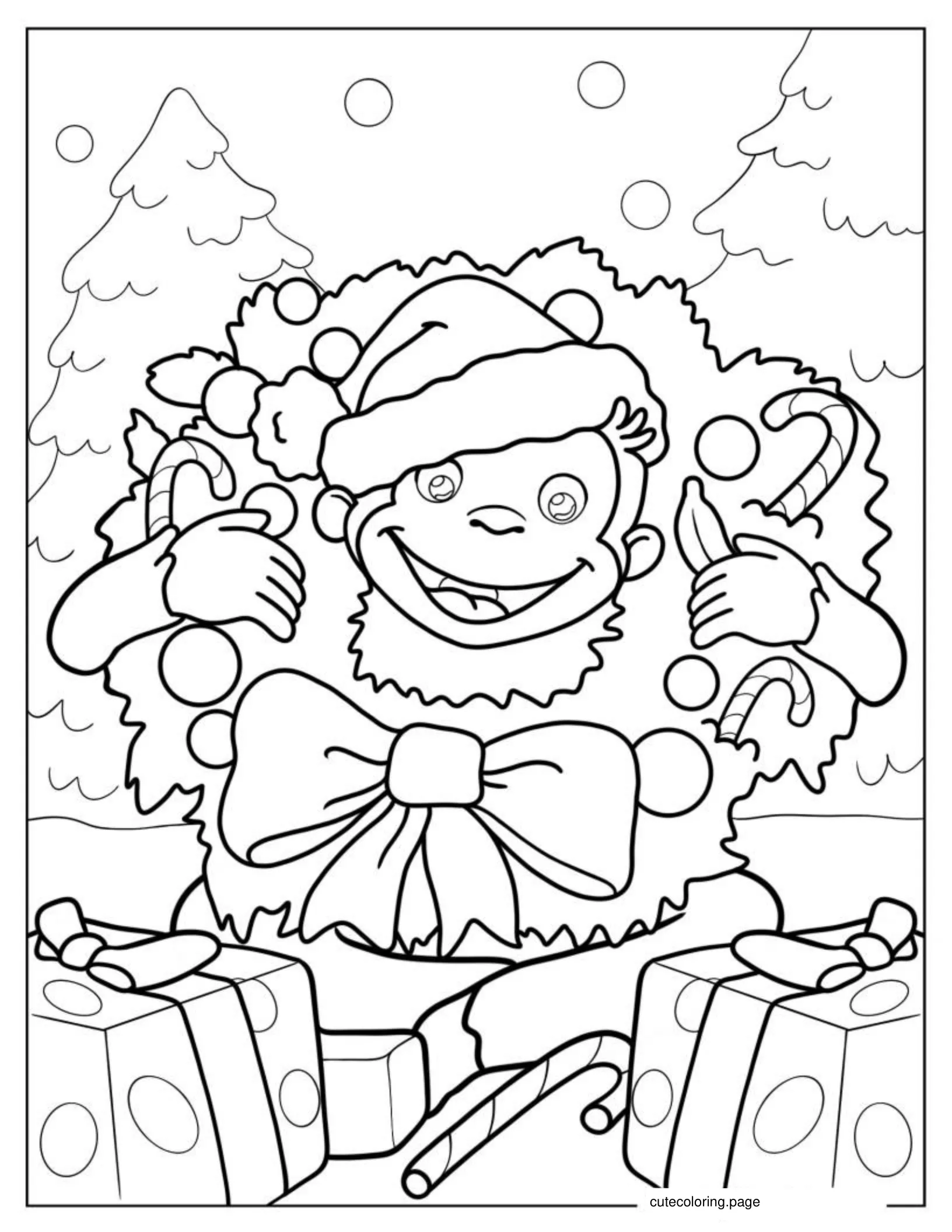 Christmas Themed Curious George To Color coloring page