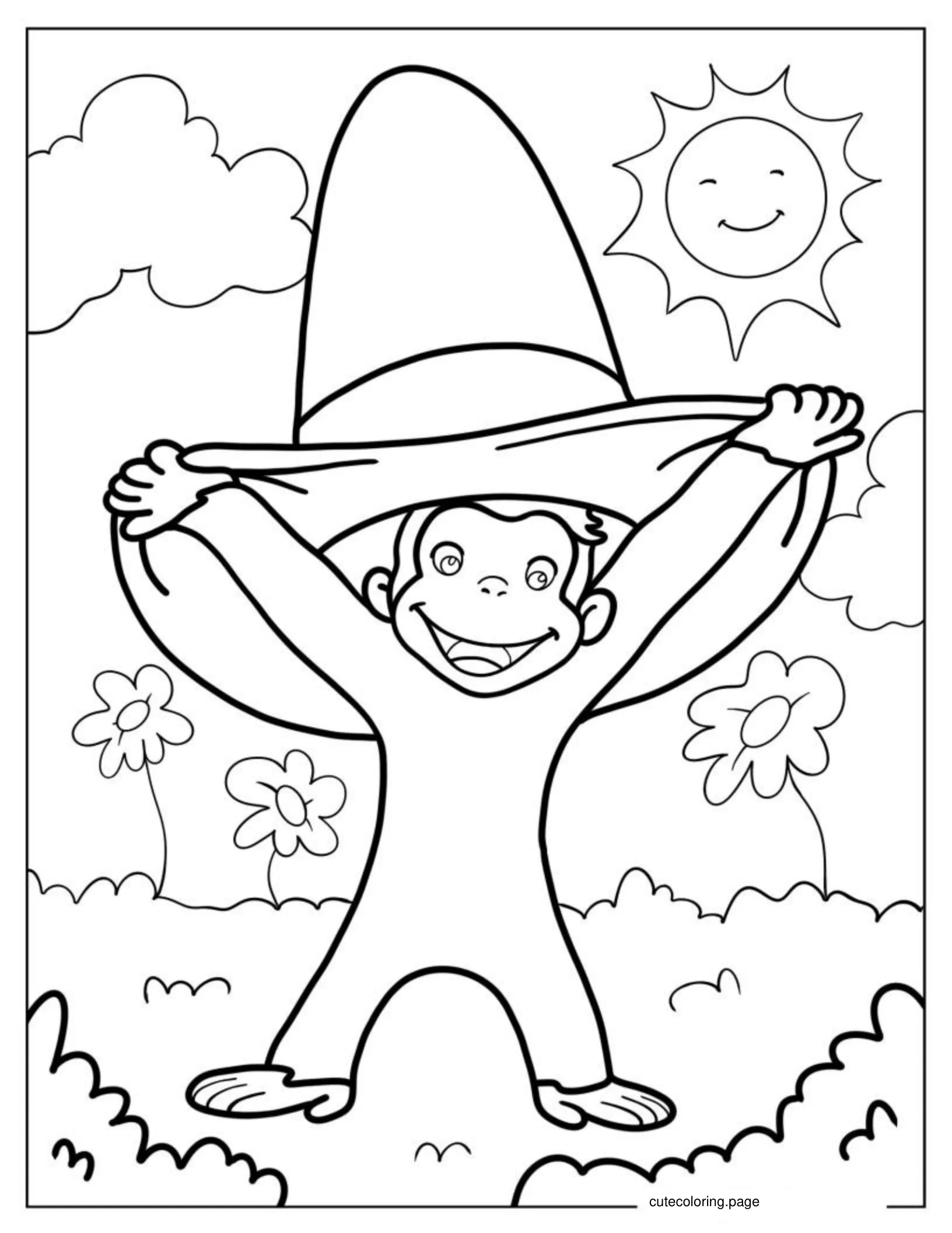 Coloring Sheet Of Curious George Under Big Hat coloring page