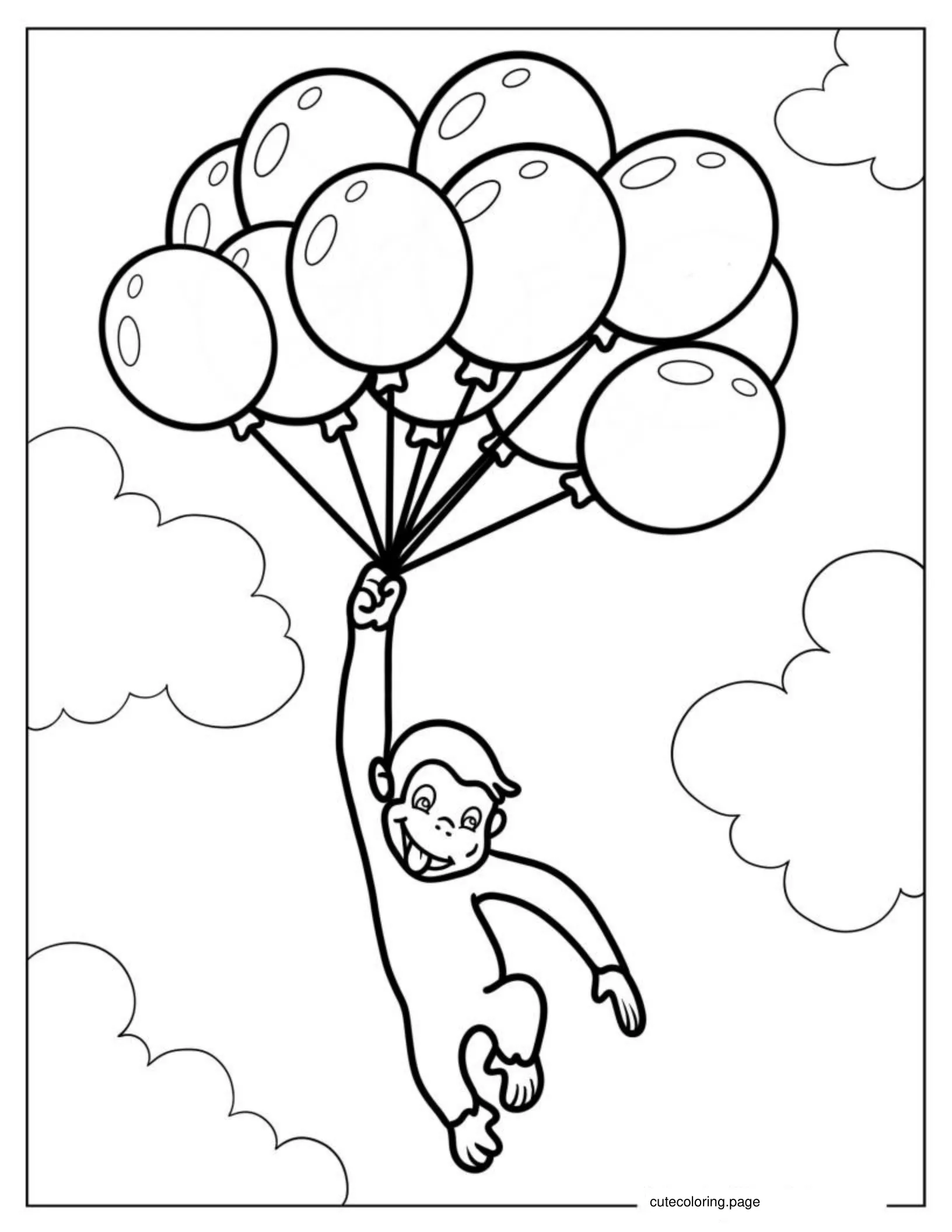 Curious George Floating While Holding Balloons coloring page