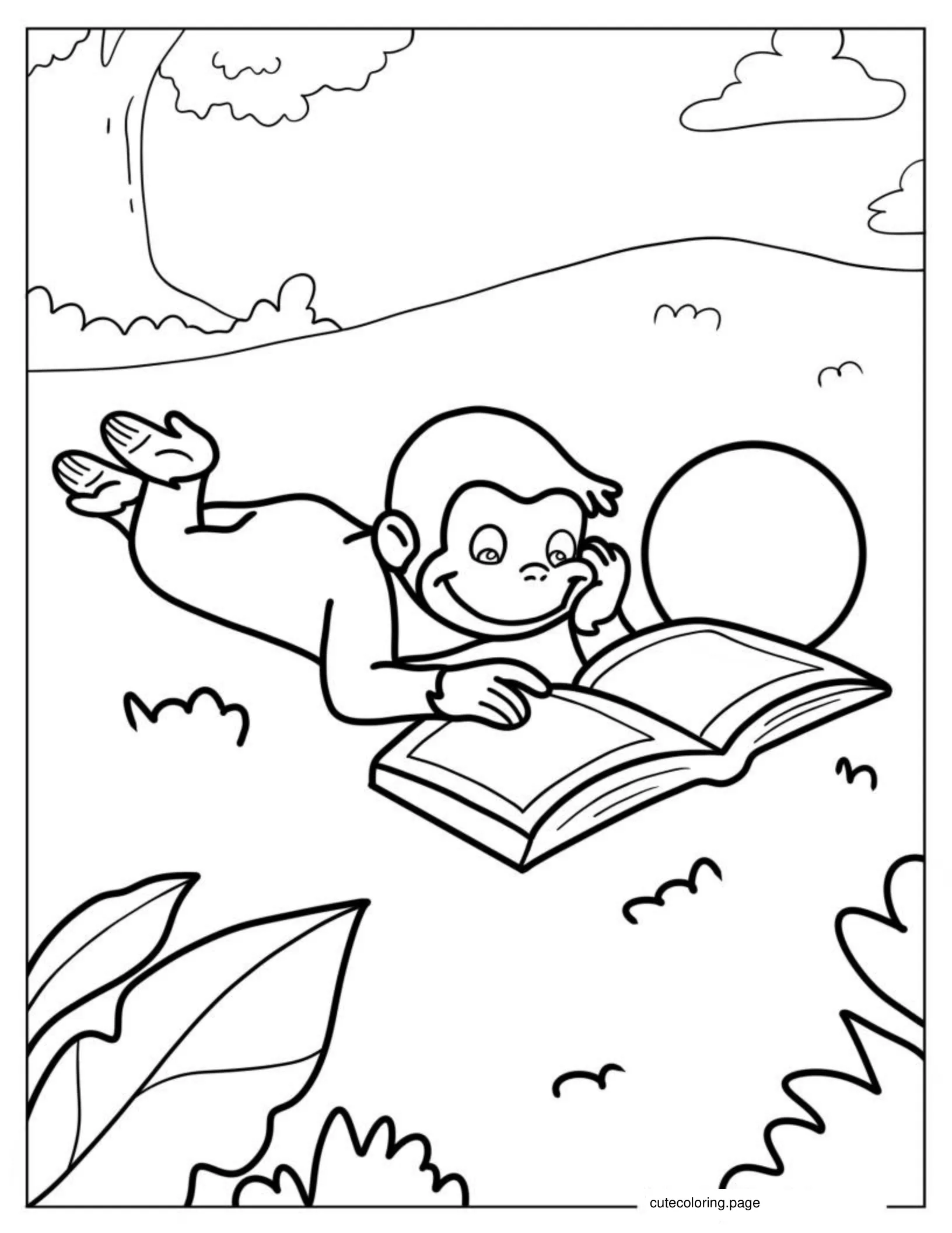 Curious George Reading a Book In Park coloring page