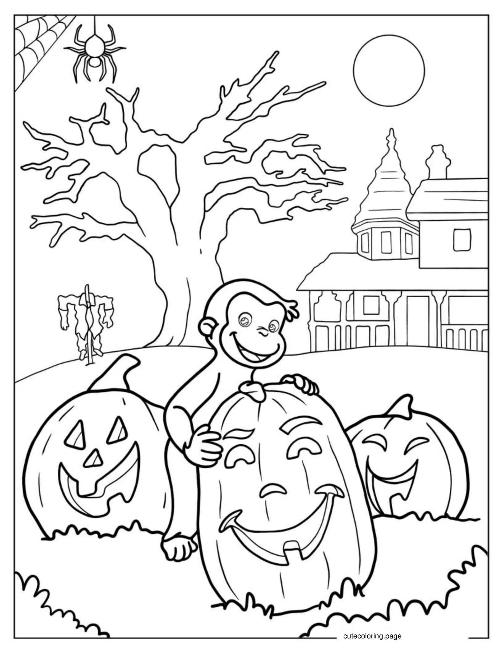 Halloween Themed Curious George With Jack O Lanterns coloring page