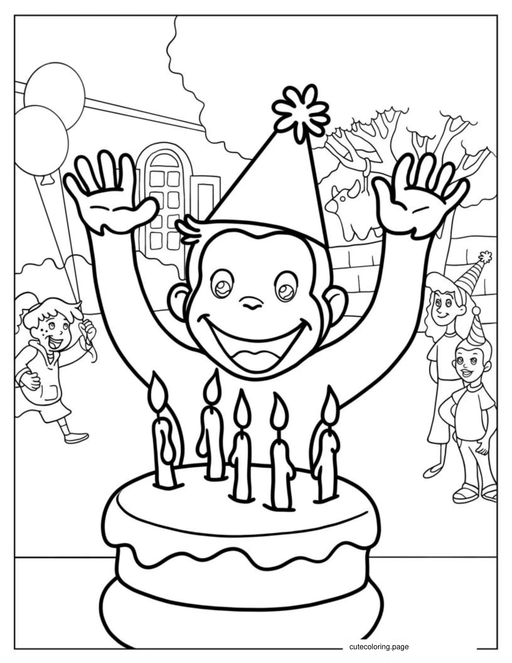 Happy Birthday Themed Curious George coloring page