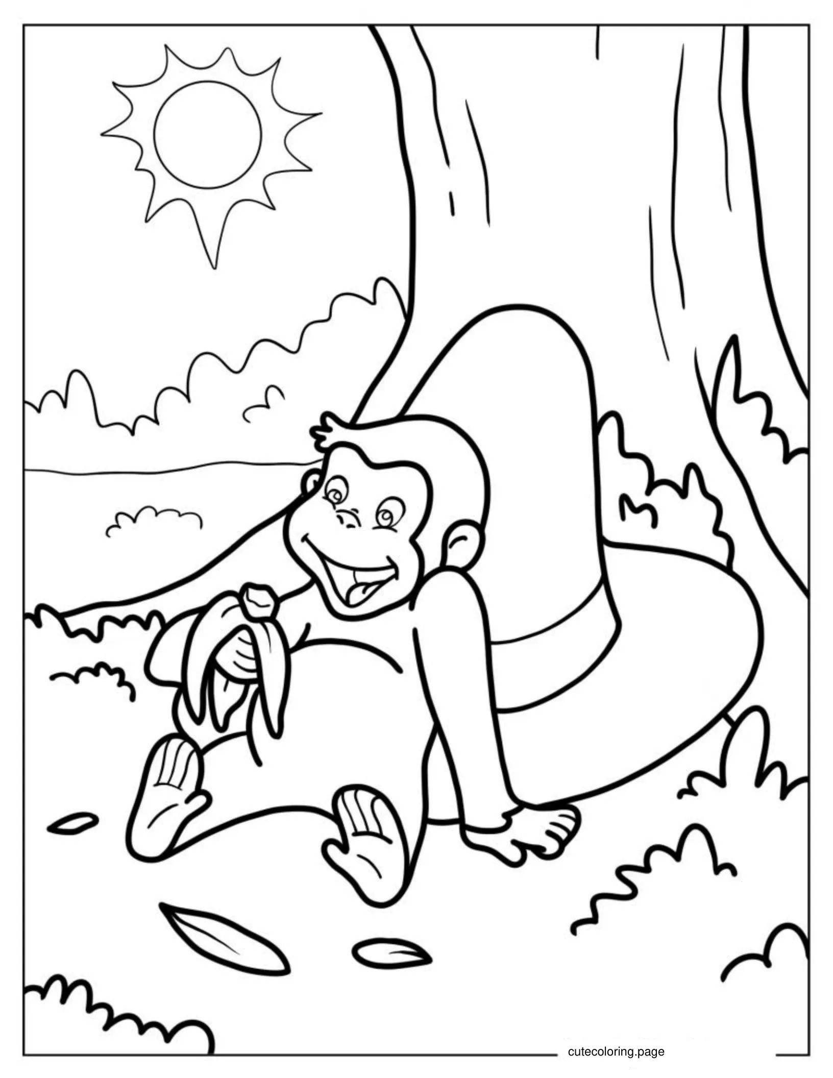 Happy Curious George Eating a Banana coloring page