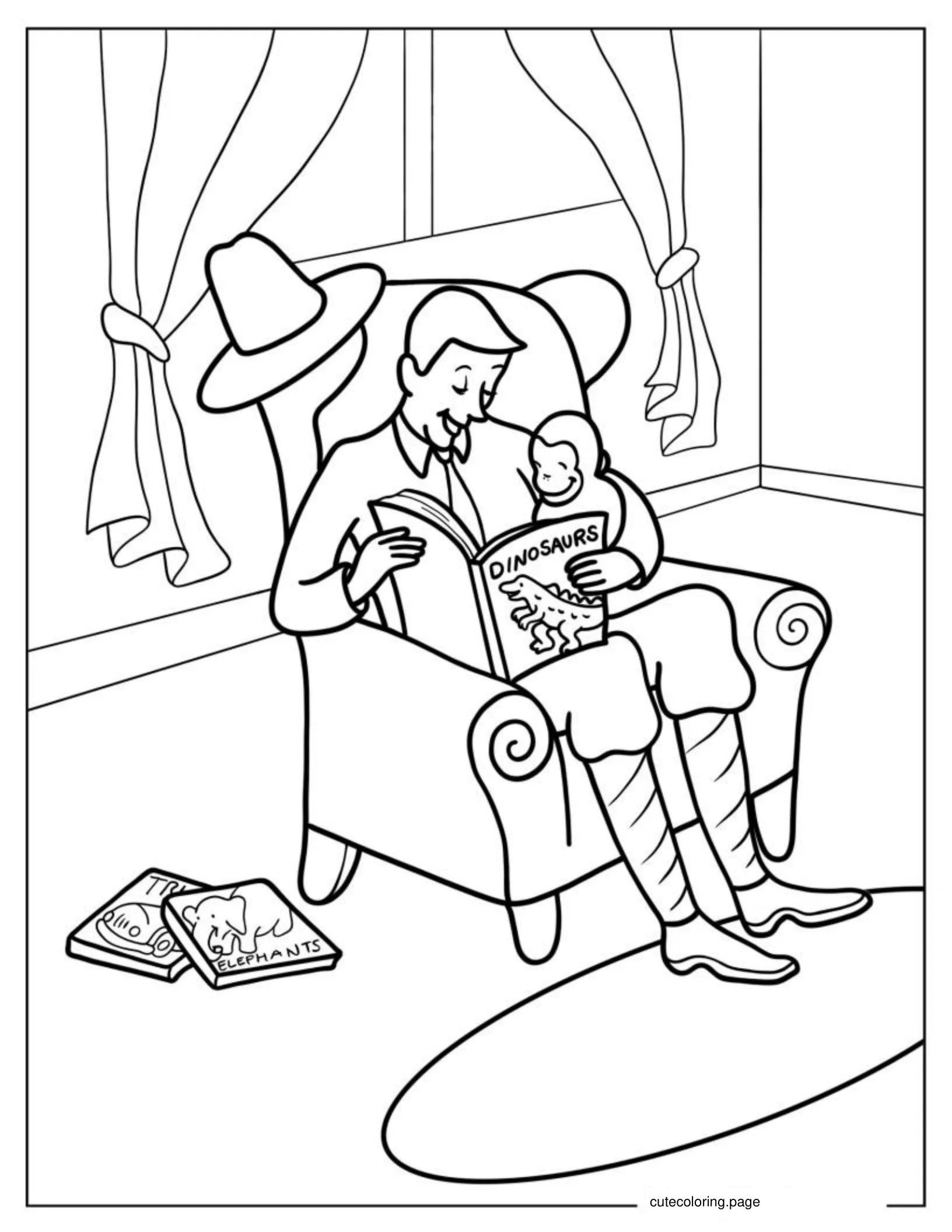 The Man In Yellow Reading To George coloring page