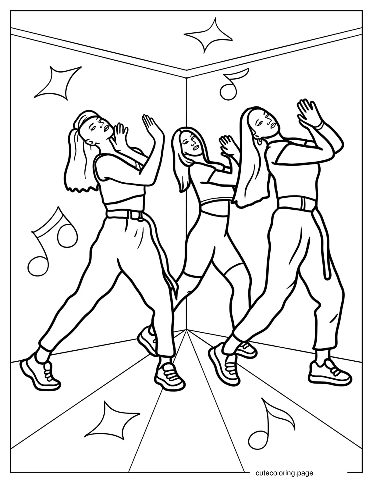 Three Woman Dancing Hip Hop in Studio coloring page