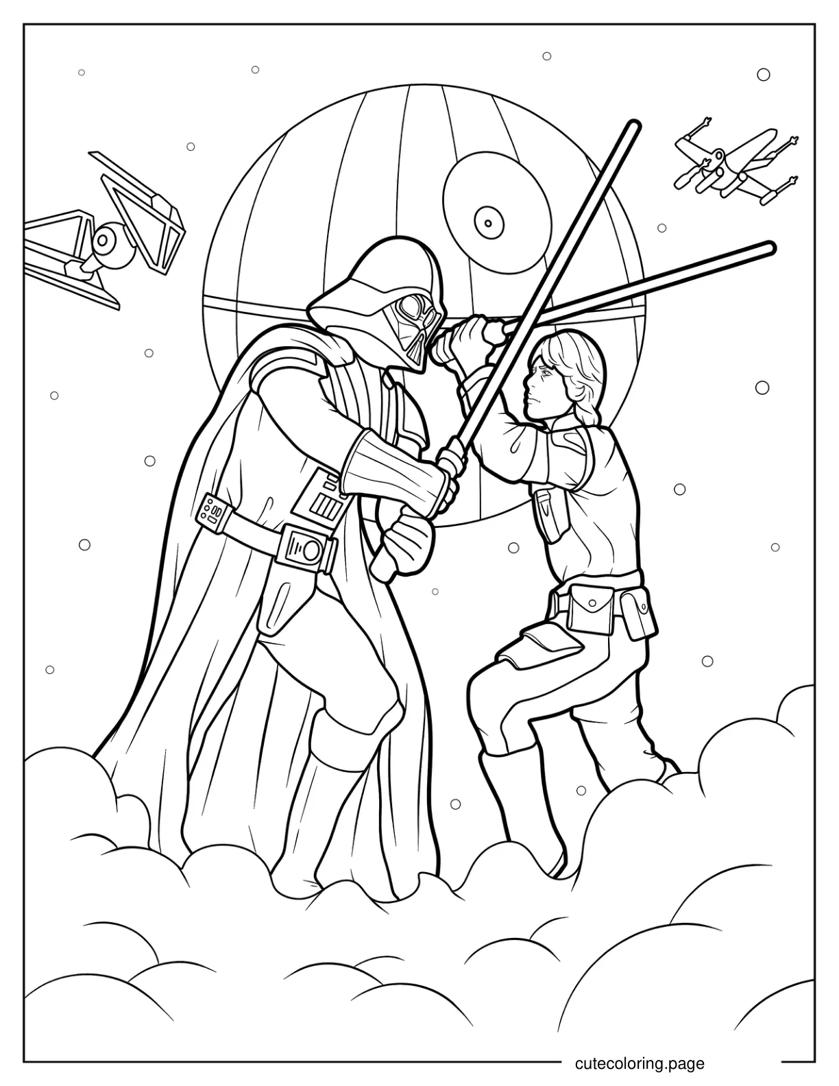 Darth Vader Fighting Luke Skywalker In Front Of Death Star coloring page