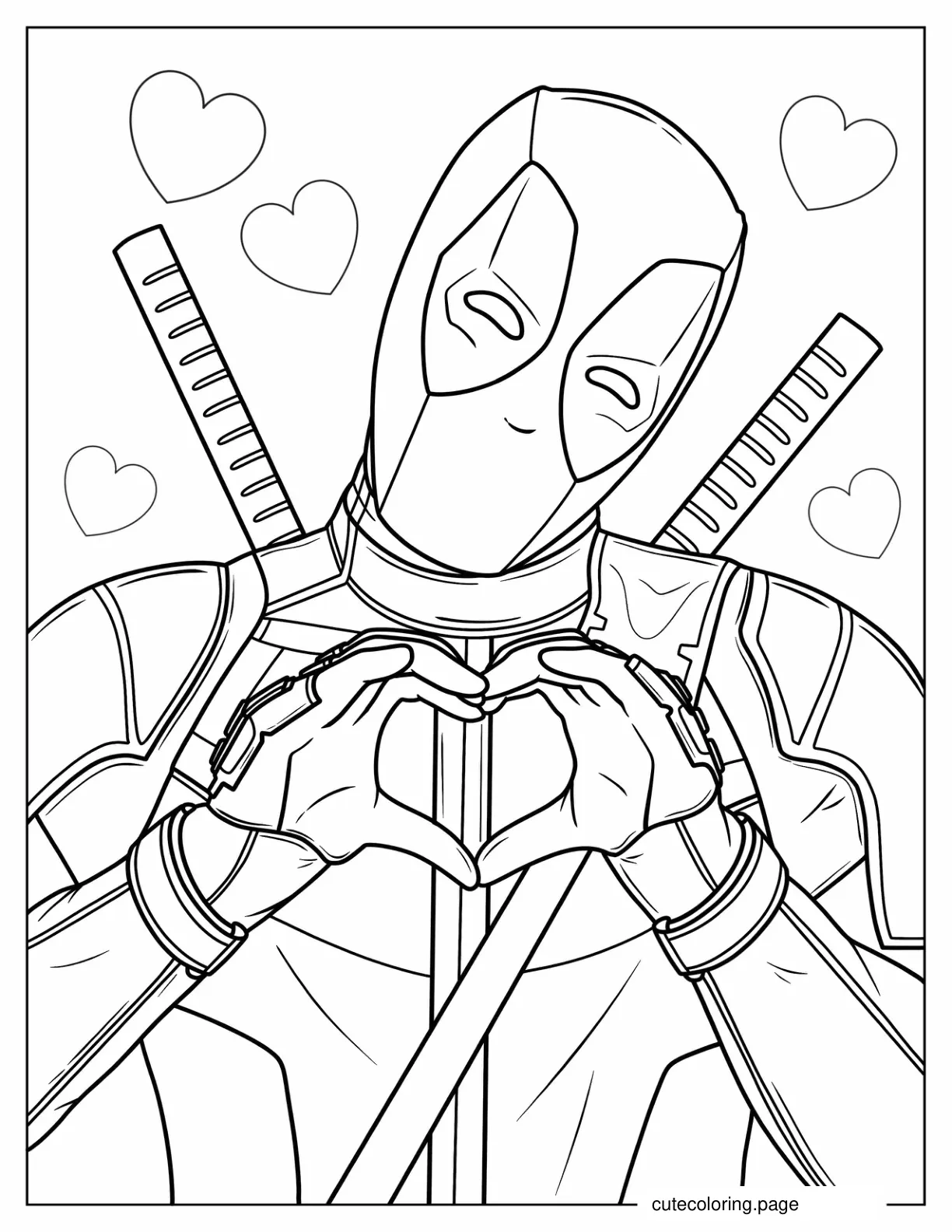 Deadpool Making Love Heart Shape To Color coloring page