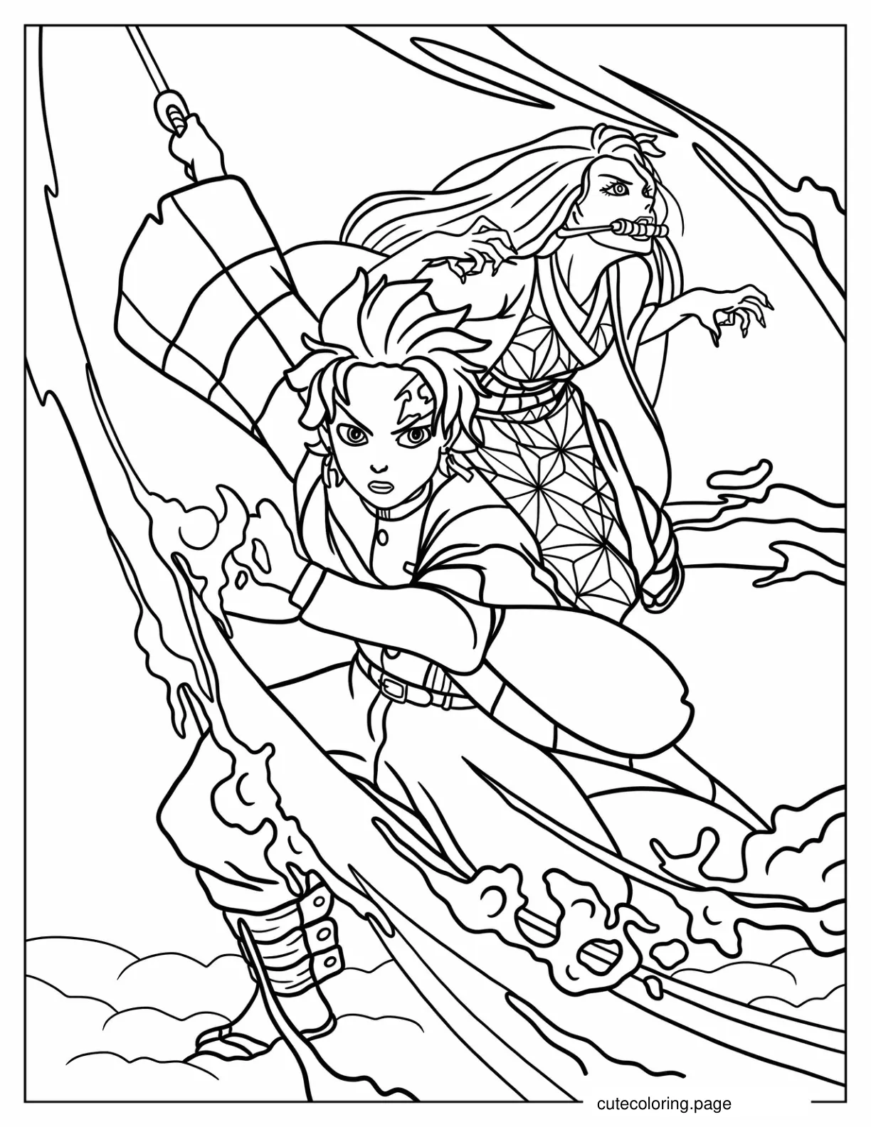 Detailed Tanjiro And Nezuko Fighting Coloring In coloring page