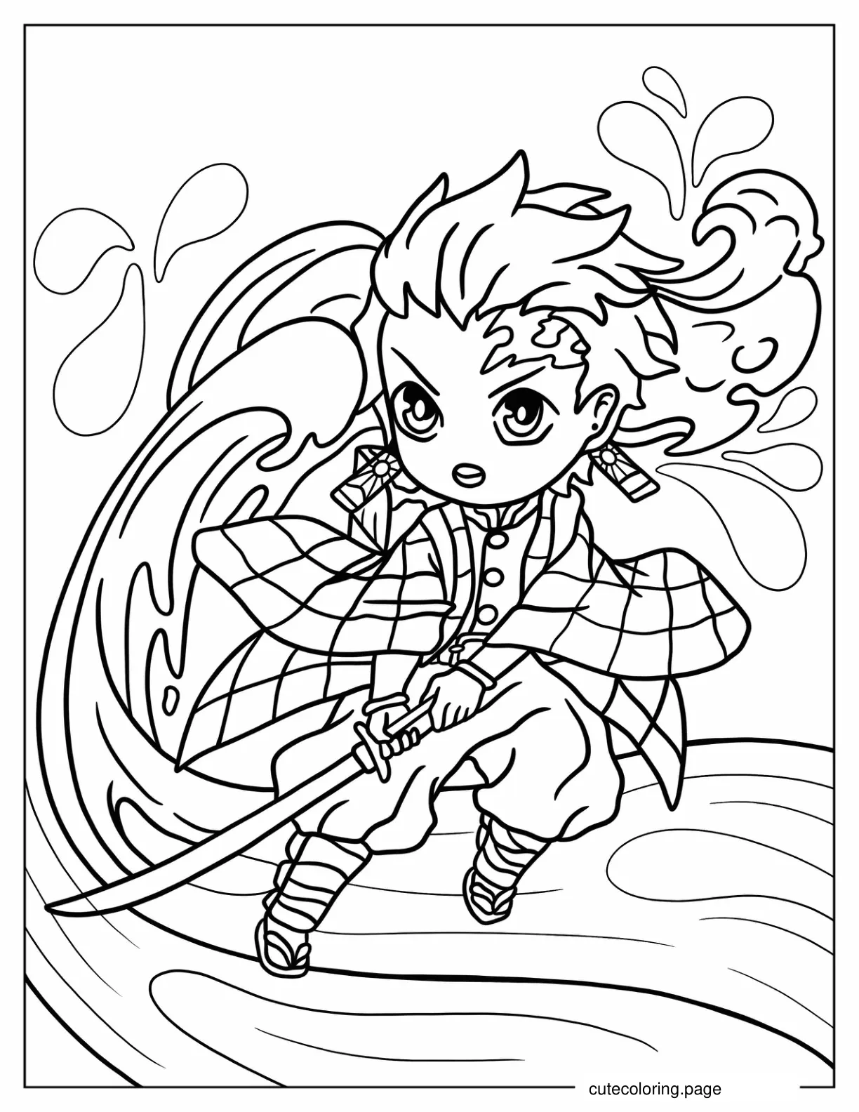 Kawaii Tanjiro Fighting Coloring In For Kids coloring page