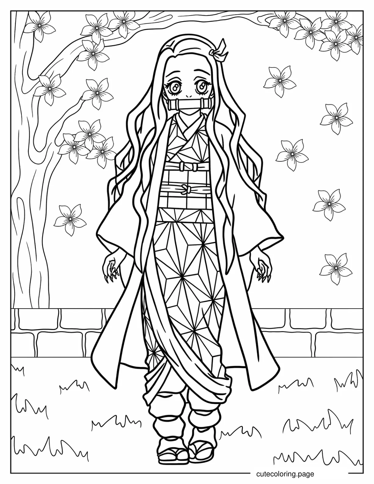 Nezuko Under Cherry Blossoms coloring page