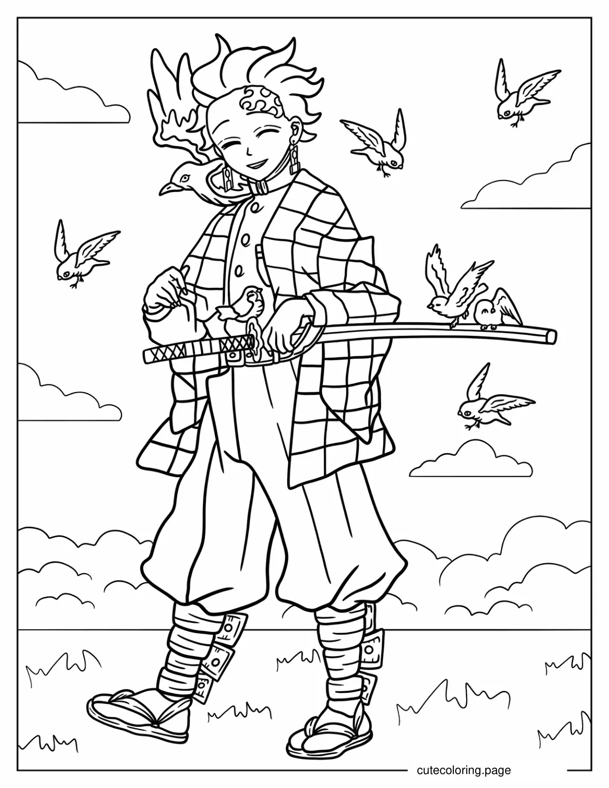 Tanjiro Surrounded By Birds coloring page