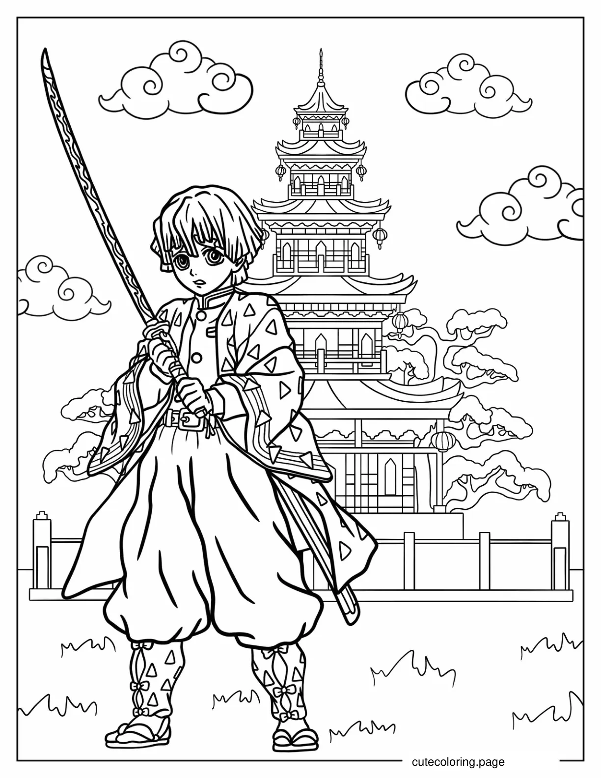 Zenitsu Agatsuma In Front Of Castle coloring page