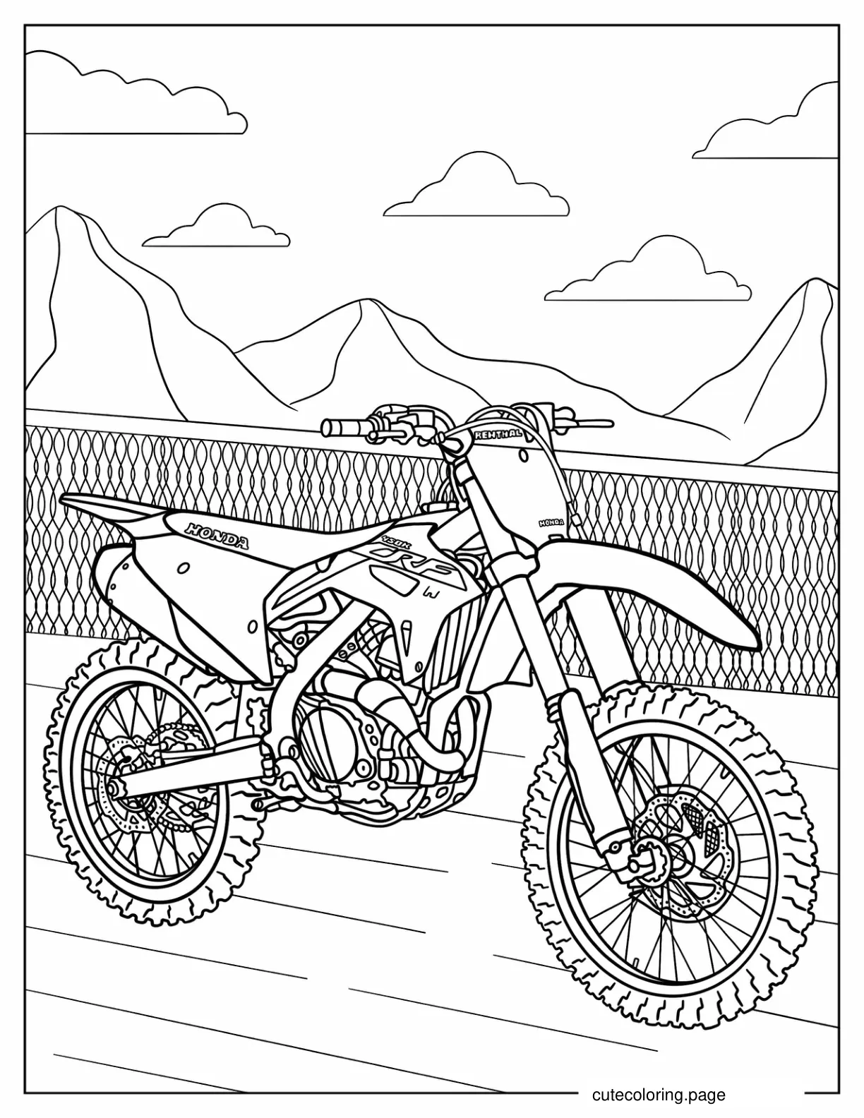 Honda Dirt Bike With Mountains In Background Coloring Page coloring page