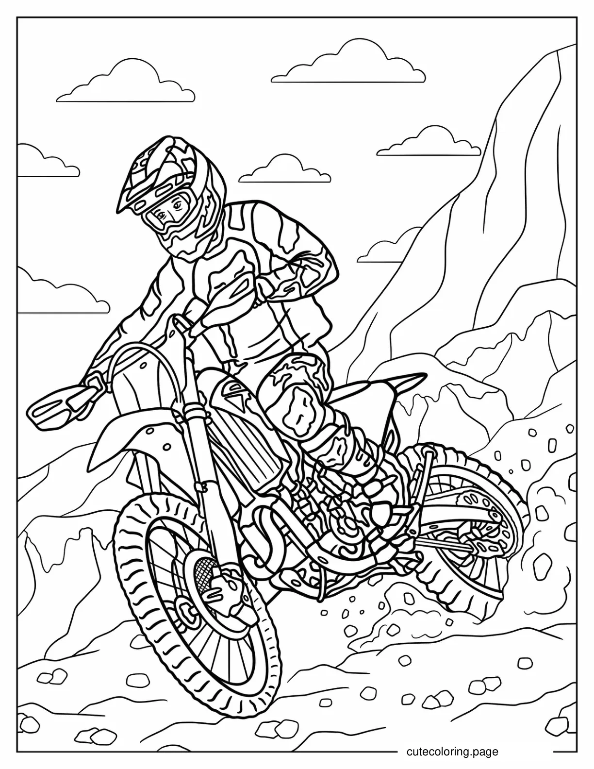 Man Riding Dirt Bike On Rocky Terrain coloring page