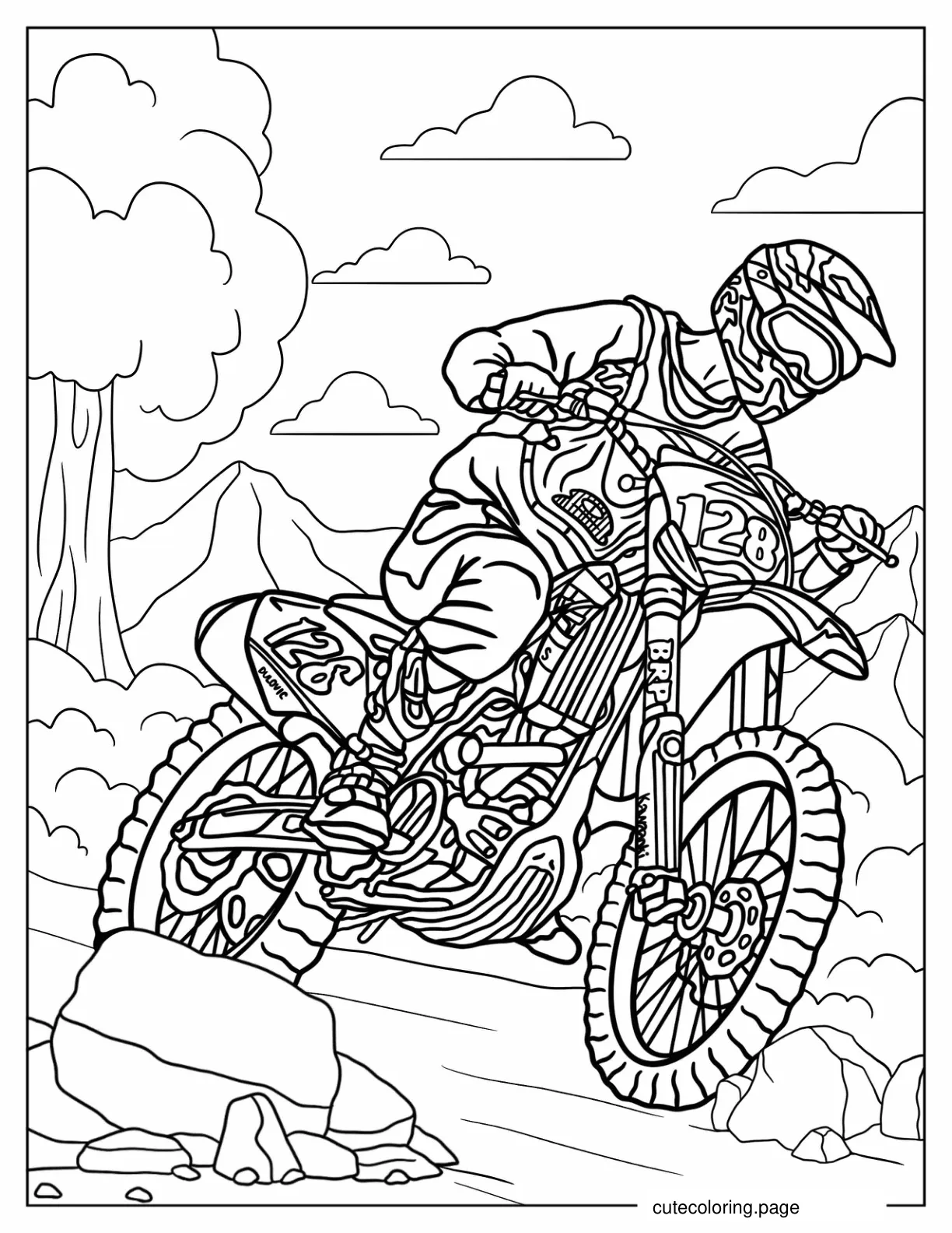 Man Riding Kawasaki Dirt Bike Downhill Coloring Sheet coloring page