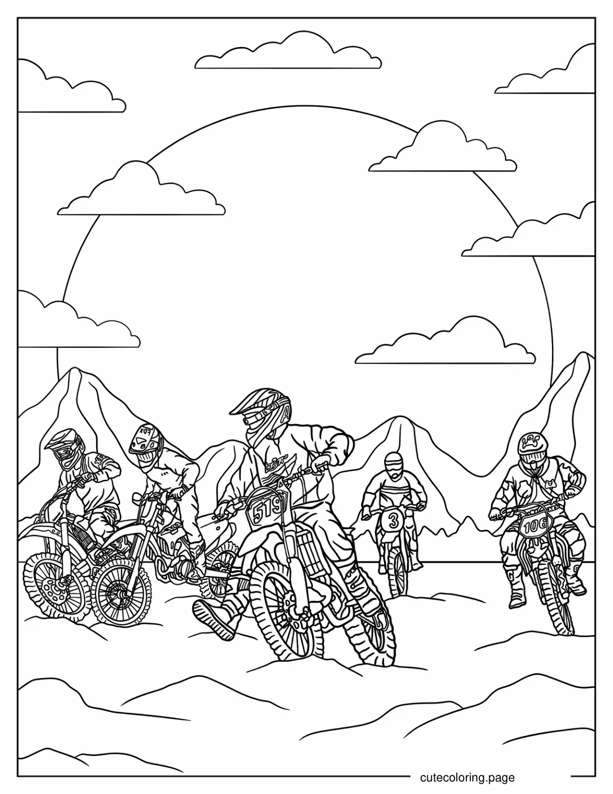 Motocross Riders On Rocky Terrain Coloring Page coloring page