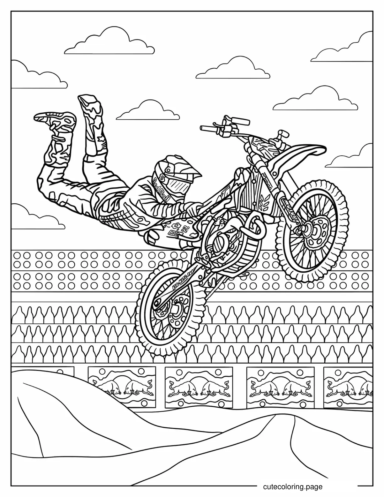 Rider Doing Double Hart Attack Trick On Redline Motorsports Dirt Bike coloring page