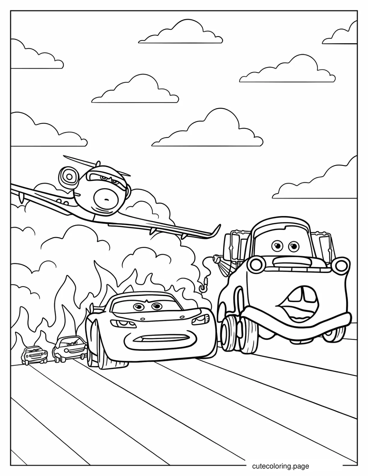 Cars 2 Lightning McQueen Mater And Siddeley Being Chased coloring page