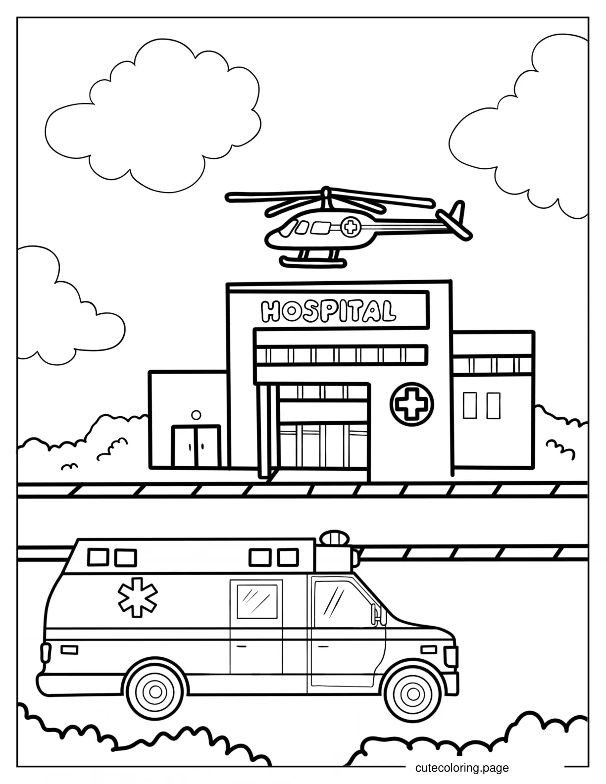 Coloring Page Of a Hospital With Ambulance And Helicopter coloring page