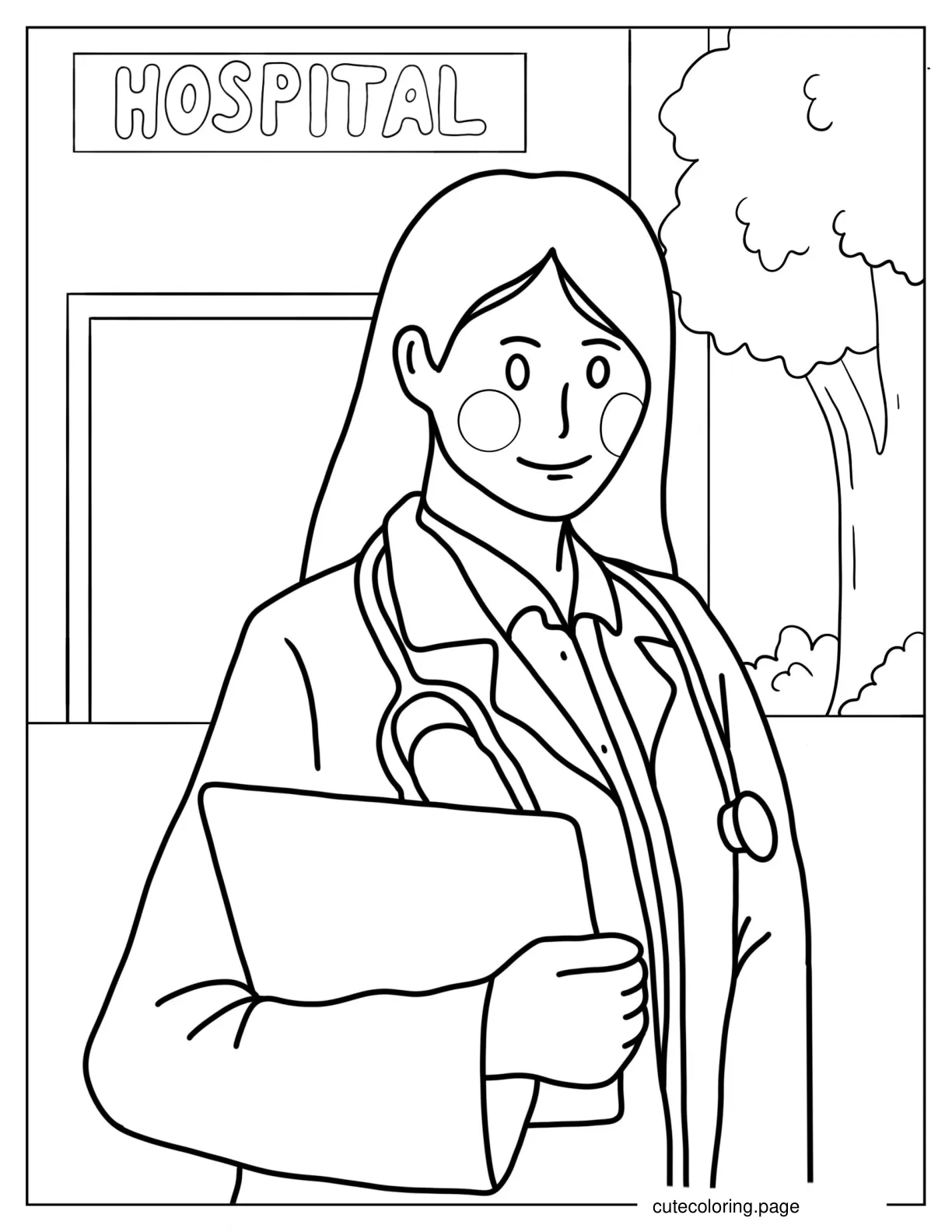 Female Doctor Standing Next To Hospital To Color coloring page