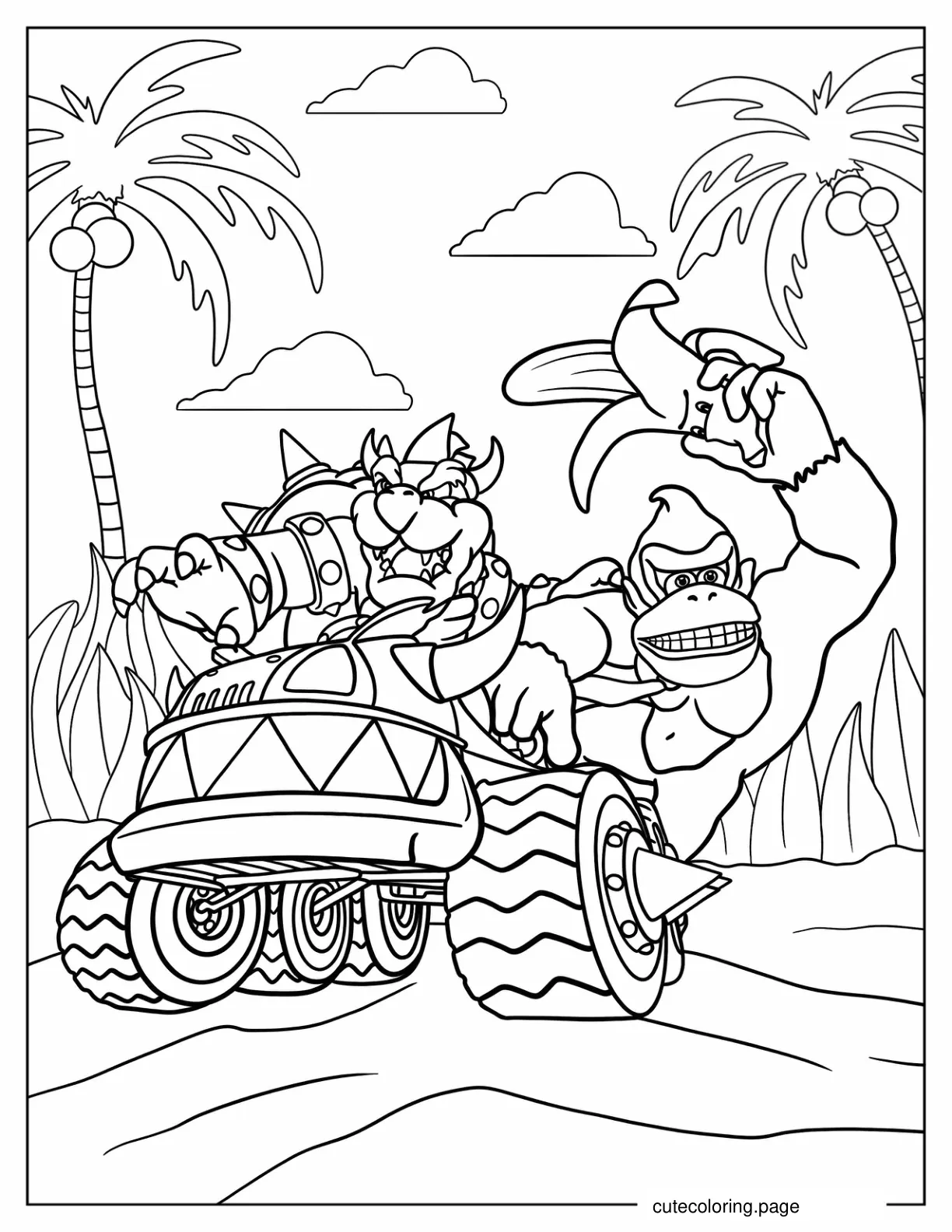 Donkey Kong And Bowser Racing In Mario Kart coloring page